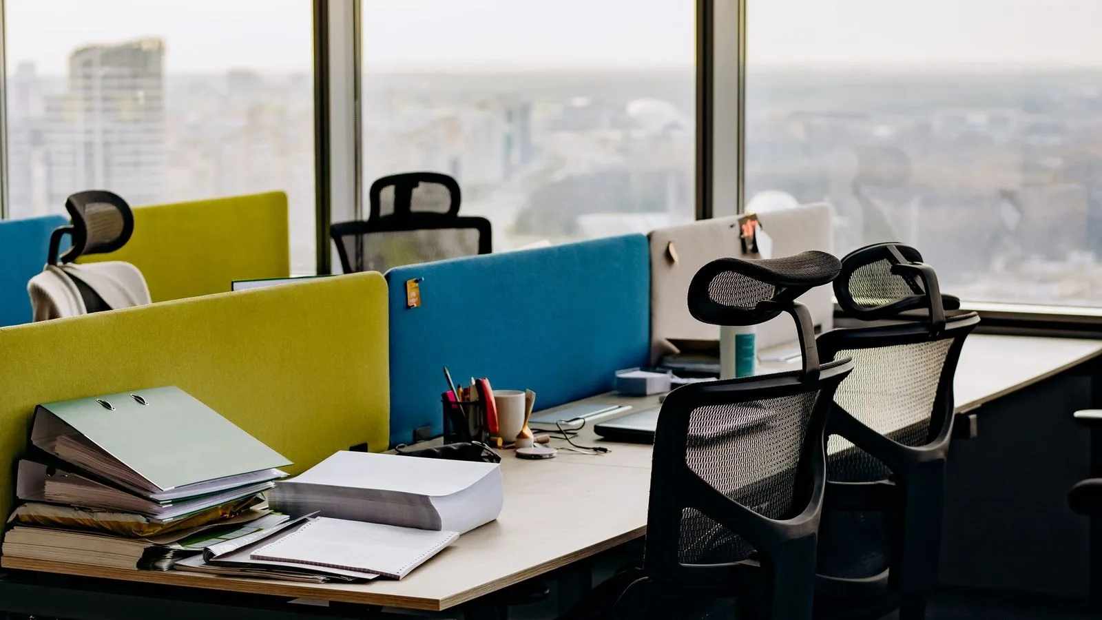 Bright open-plan office with a city view